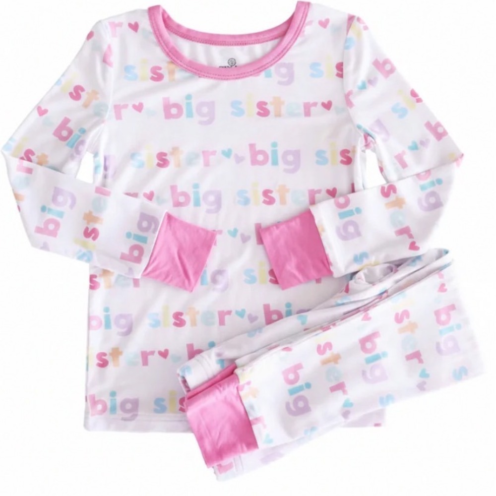 Caden Lane Big Sister Bamboo Pajama Set 4T Long Sleeve Two Piece Pink White NEW
